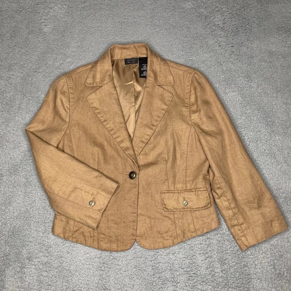 Nicole Miller Jacket 8 Gold Tan Linen Coastal Beachy Blazer Lined Neutral Office